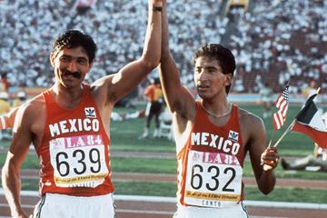 Mexican race walkers Raul Gonzalez (639) and Ernesto Canto (632) at the 1984 Olympic Games (AFP / Getty Images)