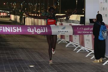 Risper Kimaiyo of Kenya winning the 2016 IAU 50k world title in Doha (organisers)